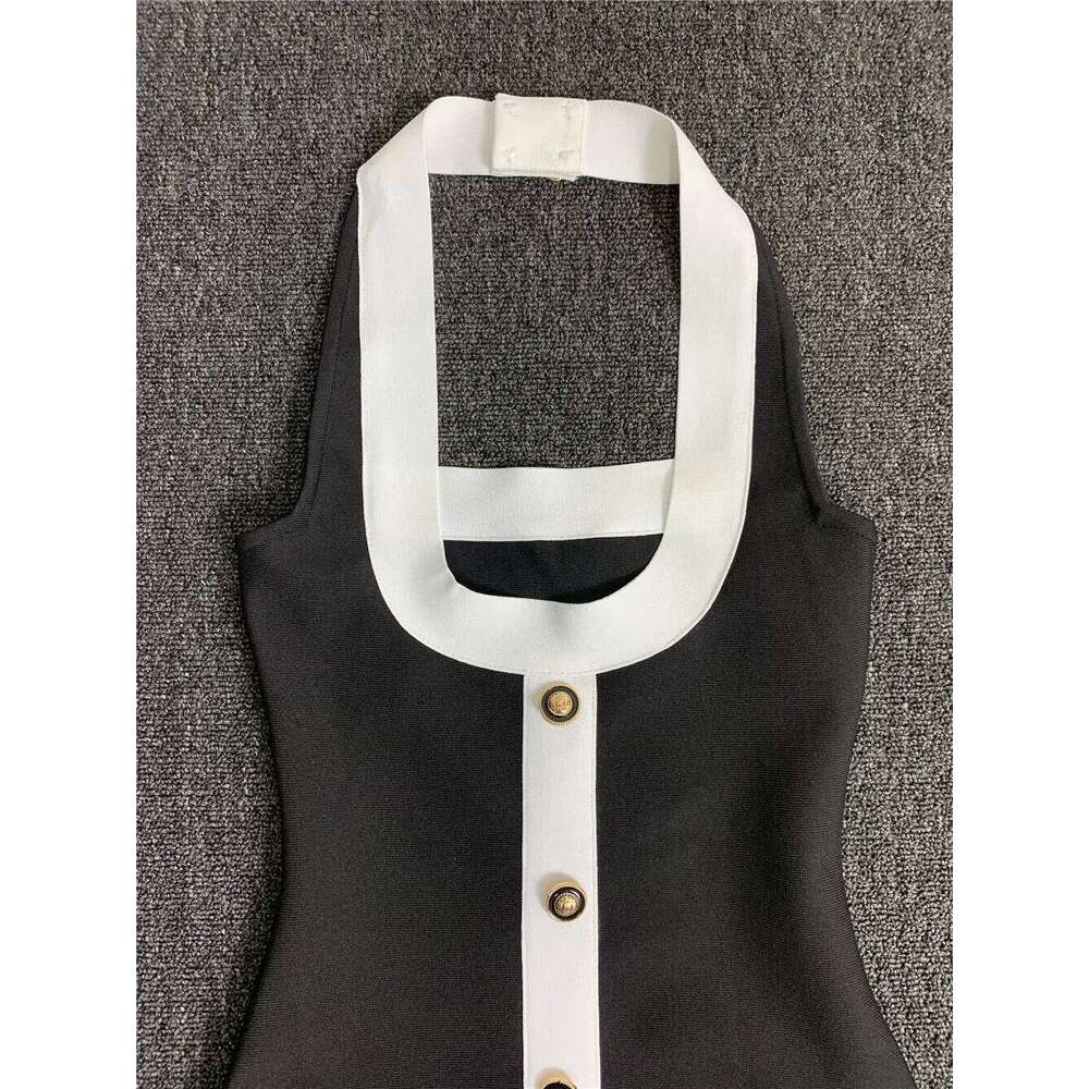 Women High Street Black White Bordure Single Breasted Halter Bodycon Mini Bandage Dress Soft And Comfortable Daily Dresses