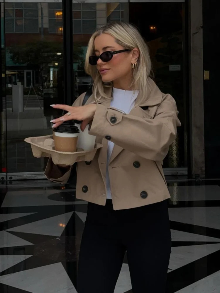 Elegant Solid Loose Womens Jackets Turndown Collar Long Sleeves Double Breasted Short Coats Fashion Office Lady Streetwear 250818