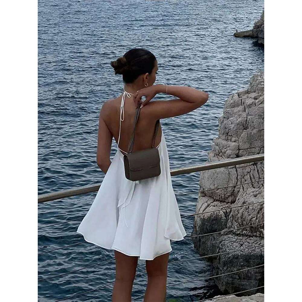 hoodie Sexy Hollow Halter Backless Mini Dress Women's Elegant Sleeveless Loose Solid Street Vestidos Female Beach Vacation Gowns jacket