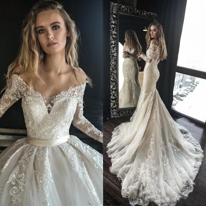 Luxury A Line Wedding Dresses with Detachable Train Arabic Dubai Off the Shoulder Long Sleeves Lace Wedding Bridal Gowns