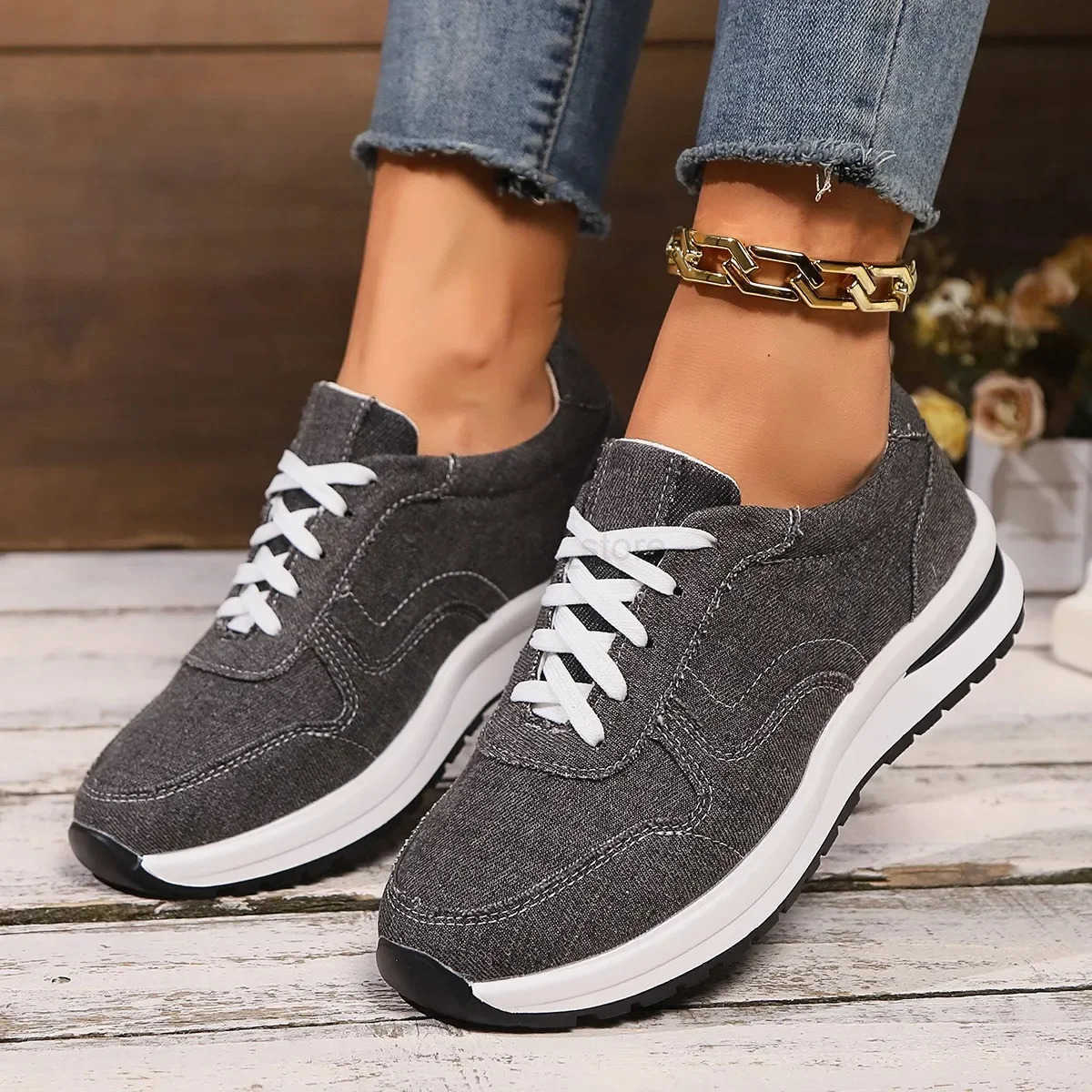 Blue Denim Platform Sneakers Women Fashion Thick Sole Lace Up Sports Shoes Woman Plus Size 43 Comfortable Casual Female Sneakers M250818