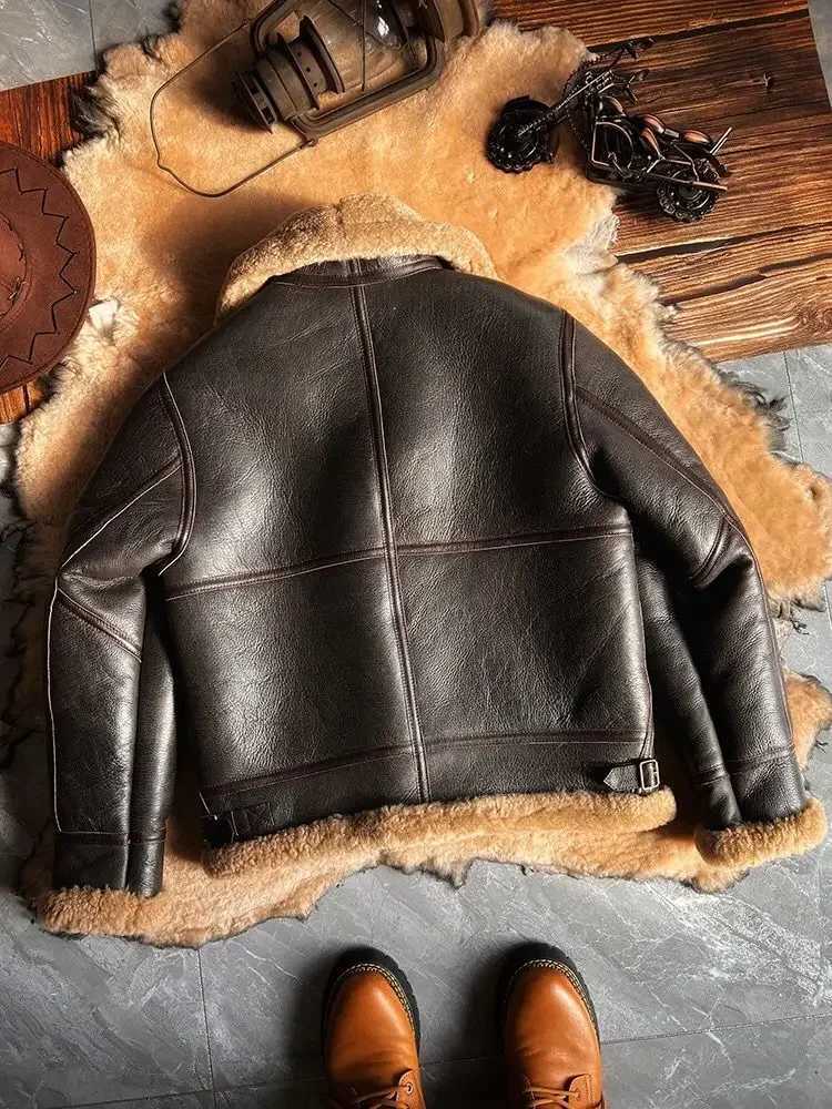 2024 New Fashion Mens Winter Coat Genuine Leather Natural Sheepskin Shearling Jacket Thick Wool Liner Brown Plus Size XXXXXXL XJ250818