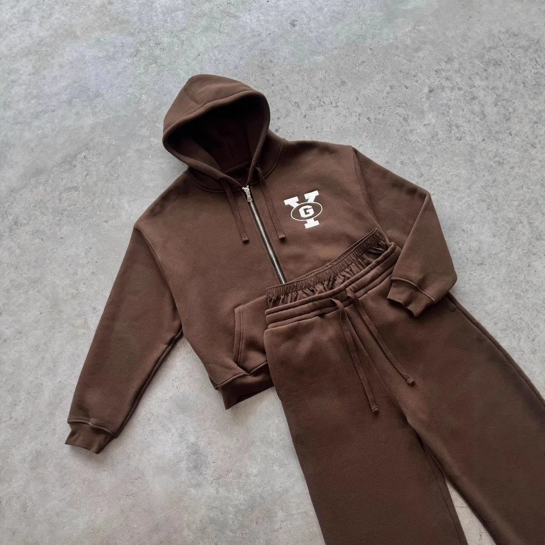 European and American y2k street trend ins long sleeved pullover hoodie sweatshirt sweatpants set retro printed jacket 250818