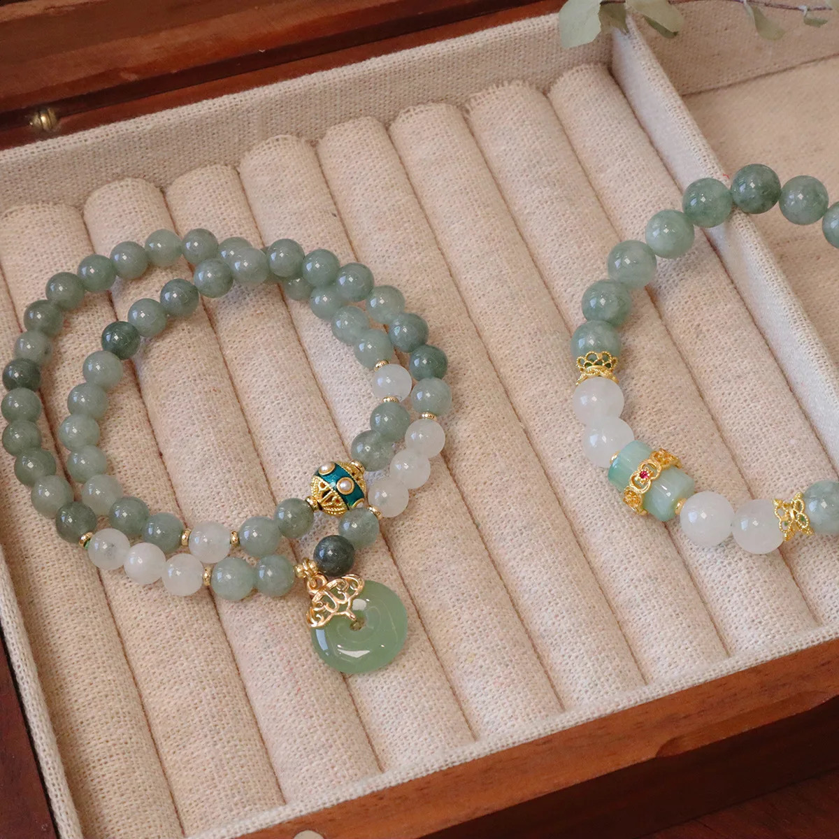 Ruifan Fengshui Bracelet Natural Green White Jade Beaded Strand Womens Bracelets Lucky Peace Button Pendant Accessories 1409 250801