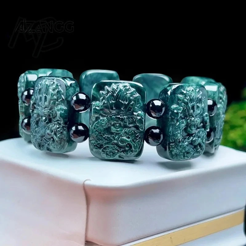 Hand Highgrade Natural Jade Kowloon Protector Carved Dark Green Dragon Powerful Mens Bracelet Lucky Amulet Gift 250801