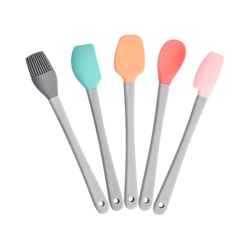 Mini Colorful Baking Tools Set with Silicone Handles - Children's Wood Spatulas & Oil Brush 5-Piece Silicone Toolset for Scraping, Spreading, Pai