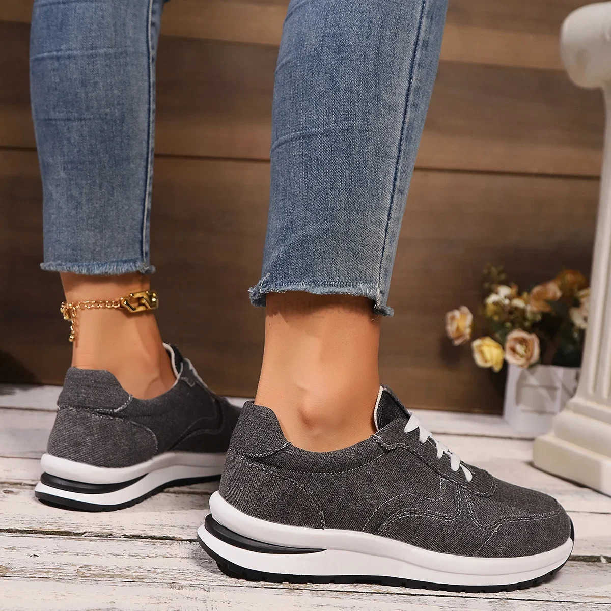 Blue Denim Platform Sneakers Women Fashion Thick Sole Lace Up Sports Shoes Woman Plus Size 43 Comfortable Casual Female Sneakers M250818