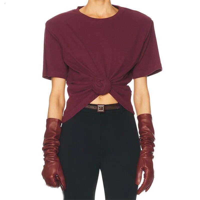 hoodie Women's T-Shirt Summer New Elastic Knitted Short Sleeved 3D Flower Decorated Round Neck Pullover Pure Cotton Crop Top jacket