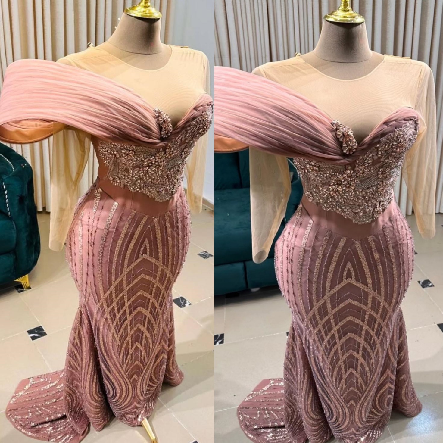 Mermaid Blush Pink Prom Dresses 2025 Crystals Sequined Full Sleeves Evening Formal Party Second Birthday Engagement Gowns Plus Size Dress For Special 