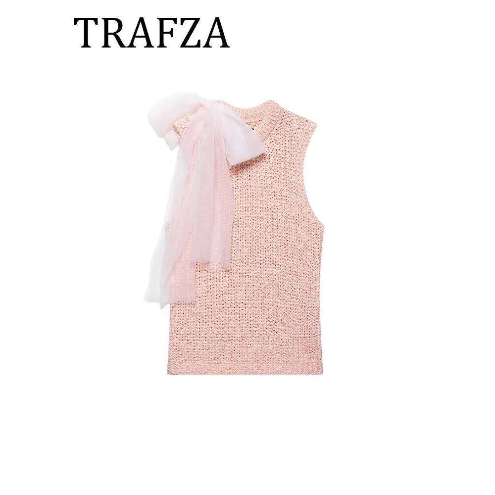 hoodie TRAFZA Women's Bow Knit Vest Round Neck Sleeveless Sweater Short Tops Spring Pink Top Pullover Waistcoats jacket