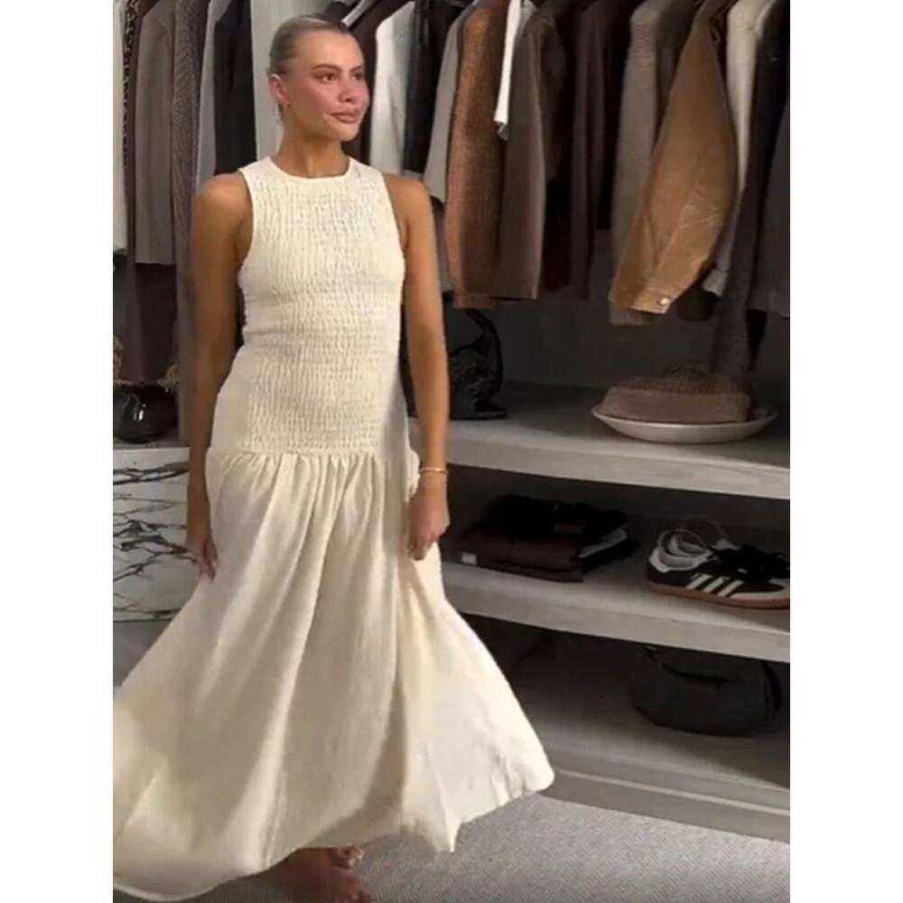 hoodie Pleated Sleeveless Big Swing Dress Women O-Neck High Waist Patchwork Elegant Solid Dresses Summer New Vacation Commute Robe jacket