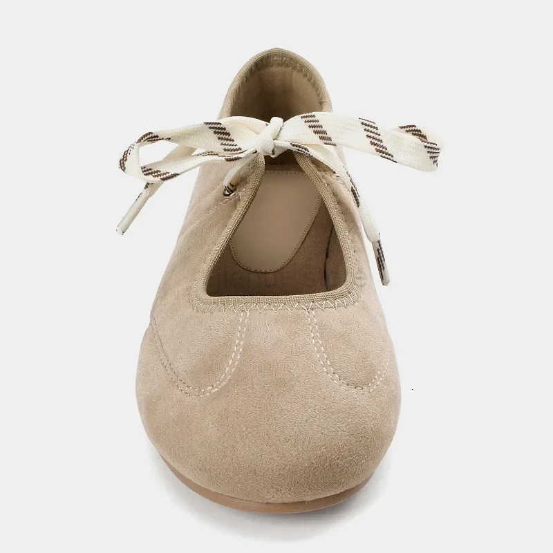 Fashion Round Toe Ballet Flats Women Lace-up Faux Suede Shallow Concise Soft Sole Mary Jane Shoes Women Casual Brand Shoes M250818