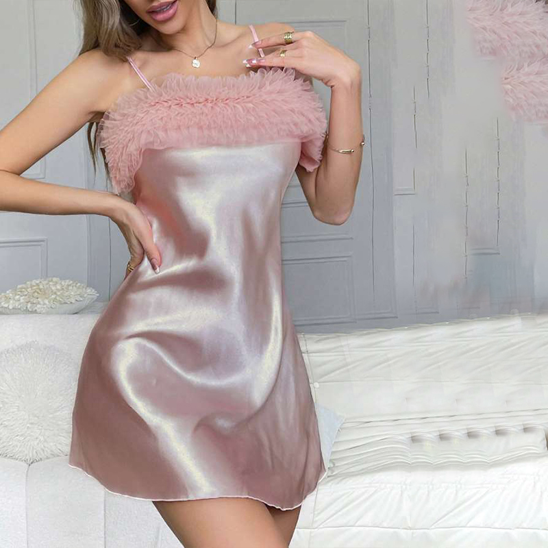 2025 Spring/Summer New Arrival Women's Silk Satin Lace Patchwork Sexy Strapless Nightgown Homewear
