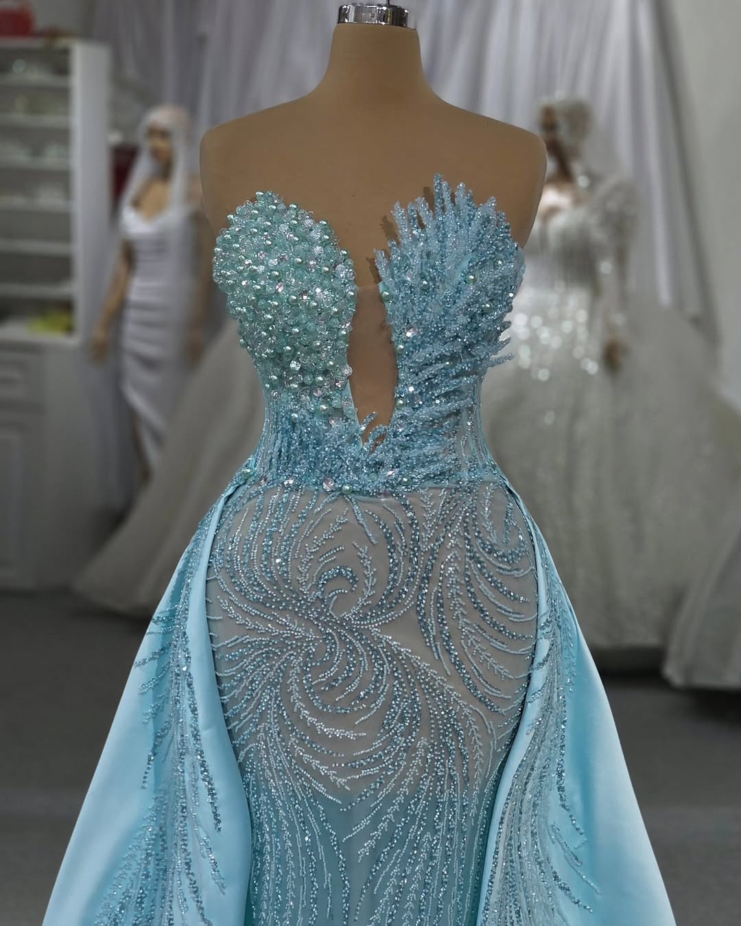 Glamorous Pearls Evening Dresses Sequins Beading Strapless Prom Gowns Detachable Illusion Princess Sweep Train Customized Vestidos De Noche Plus Size