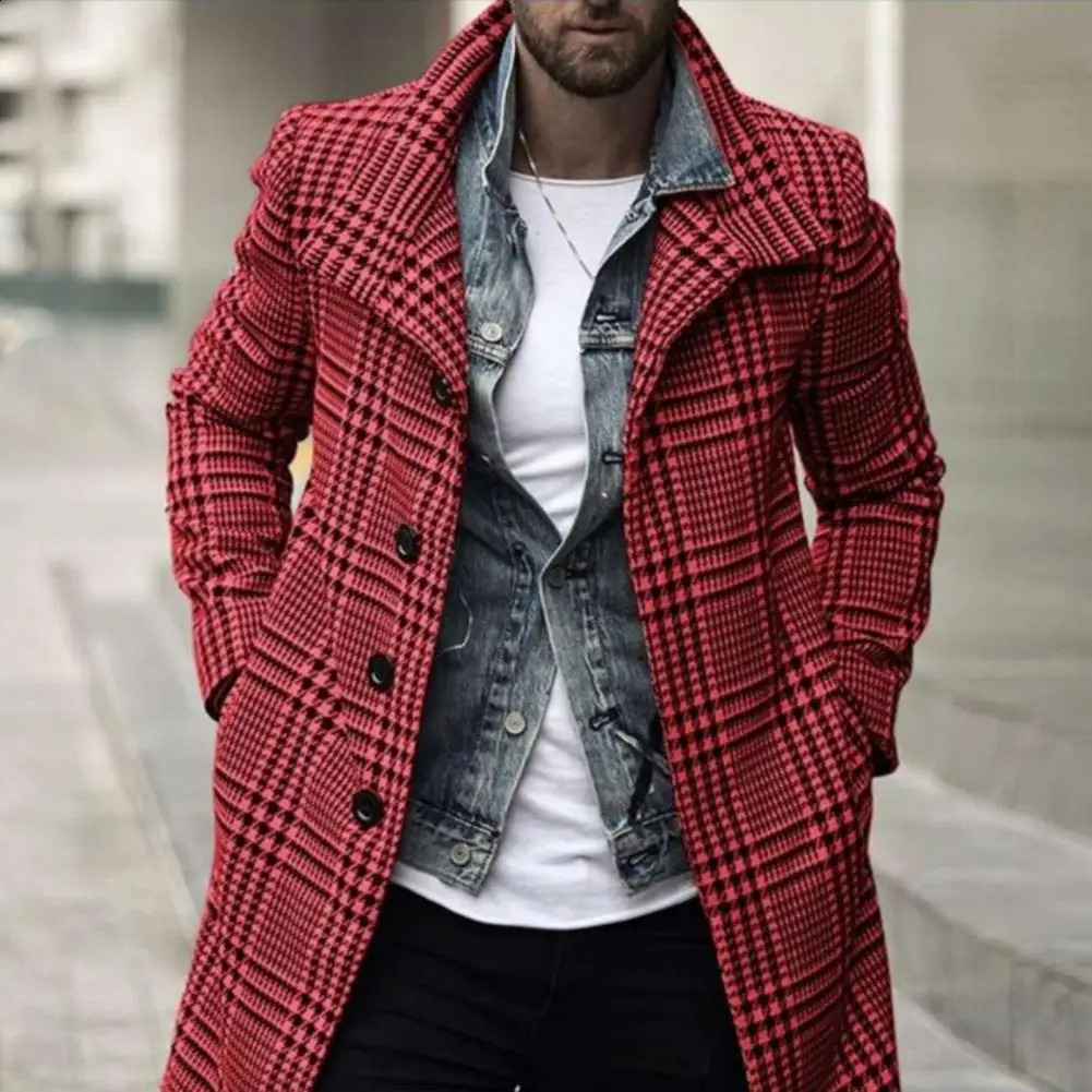 Men Windbreaker Washable Checkered Single Breasted Medium Length Super Soft Trench Coat For Daily Wear 250808