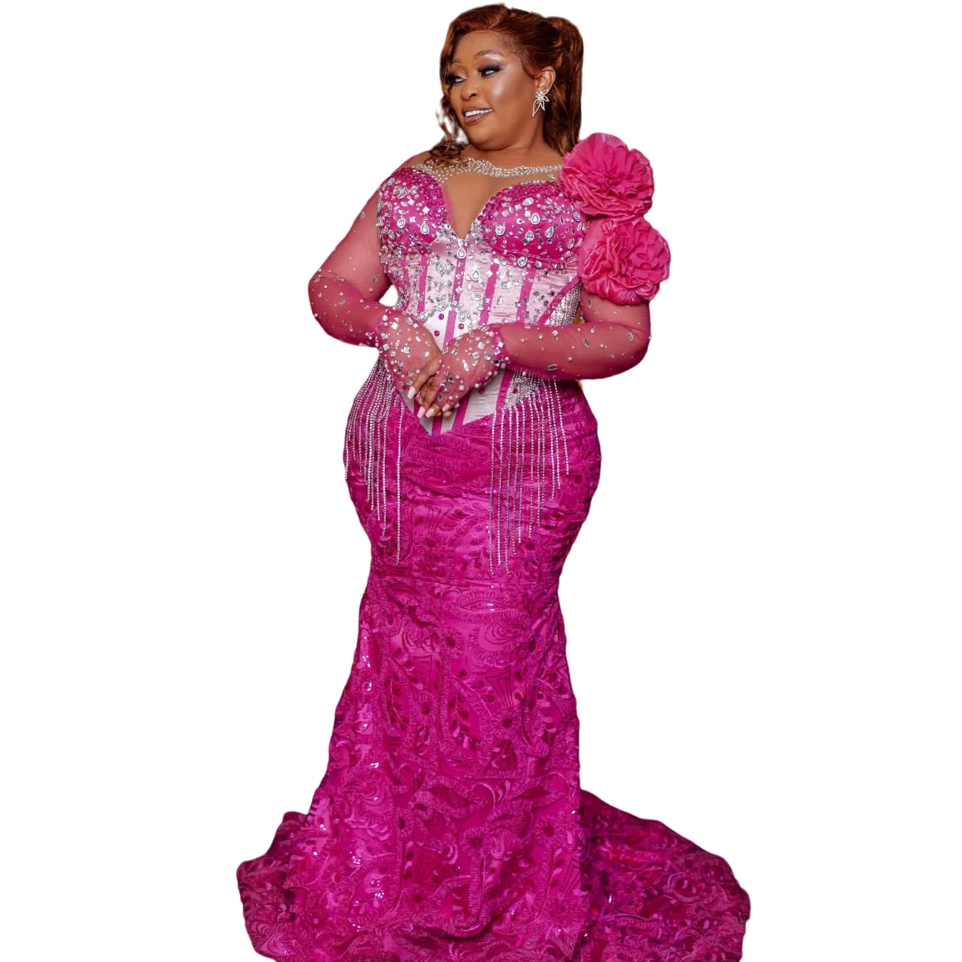 Aso Ebi Fuchsia Mermaid Prom Dresses 2025 Crystals Flowers Tassels Lace Evening Formal Party Second Birthday Engagement Gowns Plus Size Dress For Spec