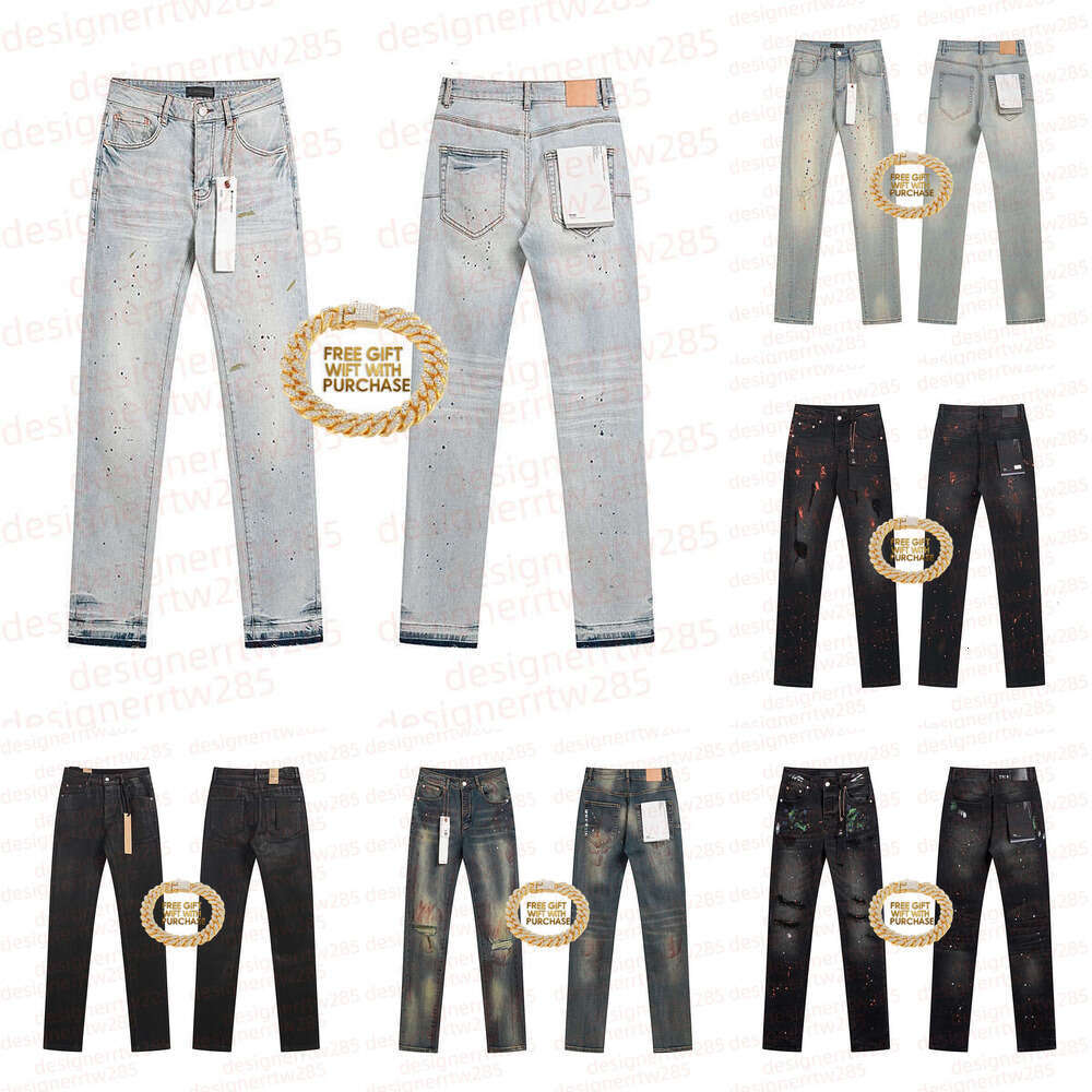 purples jean Designer Mens Jeans with a free bracelet Light Blue Splatter Paint Distressed Washed Straight Leg Denim Pants Fashion Casual Trousers for Men
