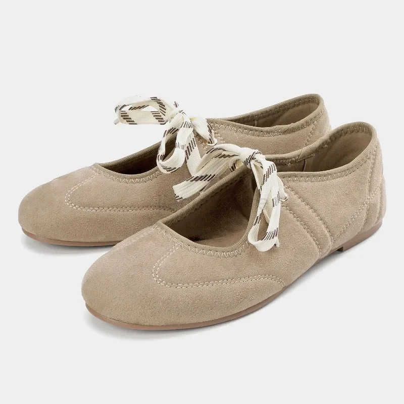 Fashion Round Toe Ballet Flats Women Lace-up Faux Suede Shallow Concise Soft Sole Mary Jane Shoes Women Casual Brand Shoes M250818