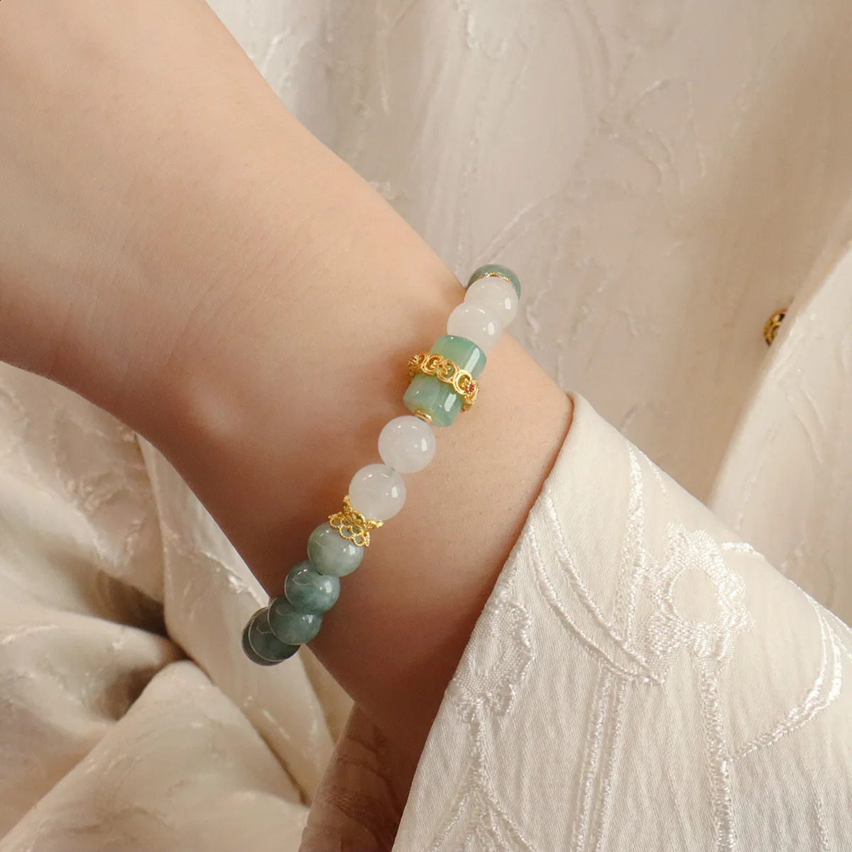 Ruifan Fengshui Bracelet Natural Green White Jade Beaded Strand Womens Bracelets Lucky Peace Button Pendant Accessories 1409 250801