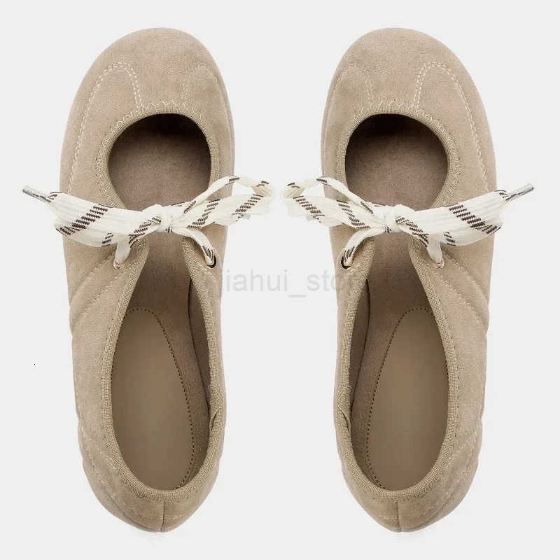 Fashion Round Toe Ballet Flats Women Lace-up Faux Suede Shallow Concise Soft Sole Mary Jane Shoes Women Casual Brand Shoes M250818