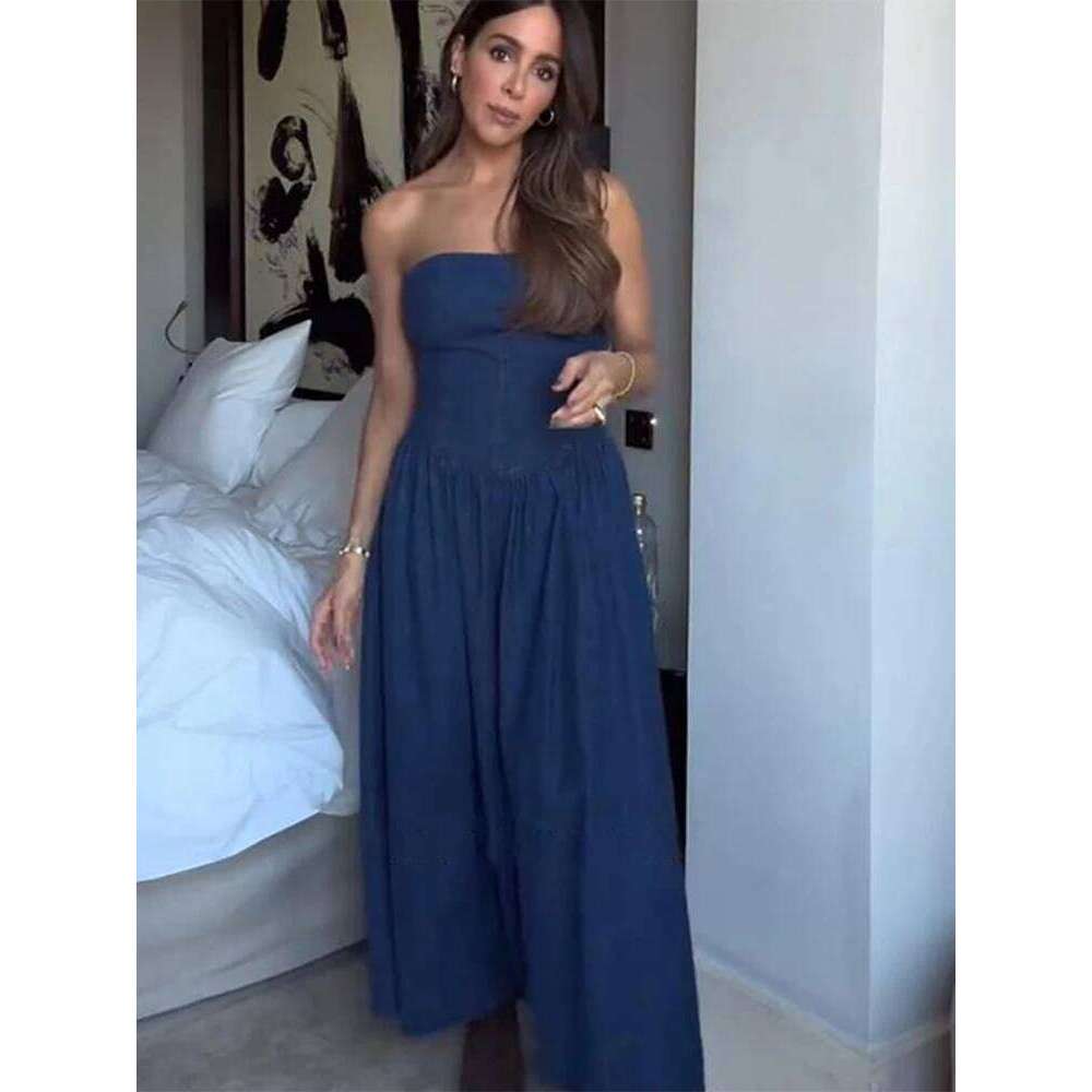 hoodie Elegant Women's Strapless Slim Fit Denim Ruffled Midi Dress Summer New Beach Party Dresses For Woman Casual Streetwear Outfits jacket