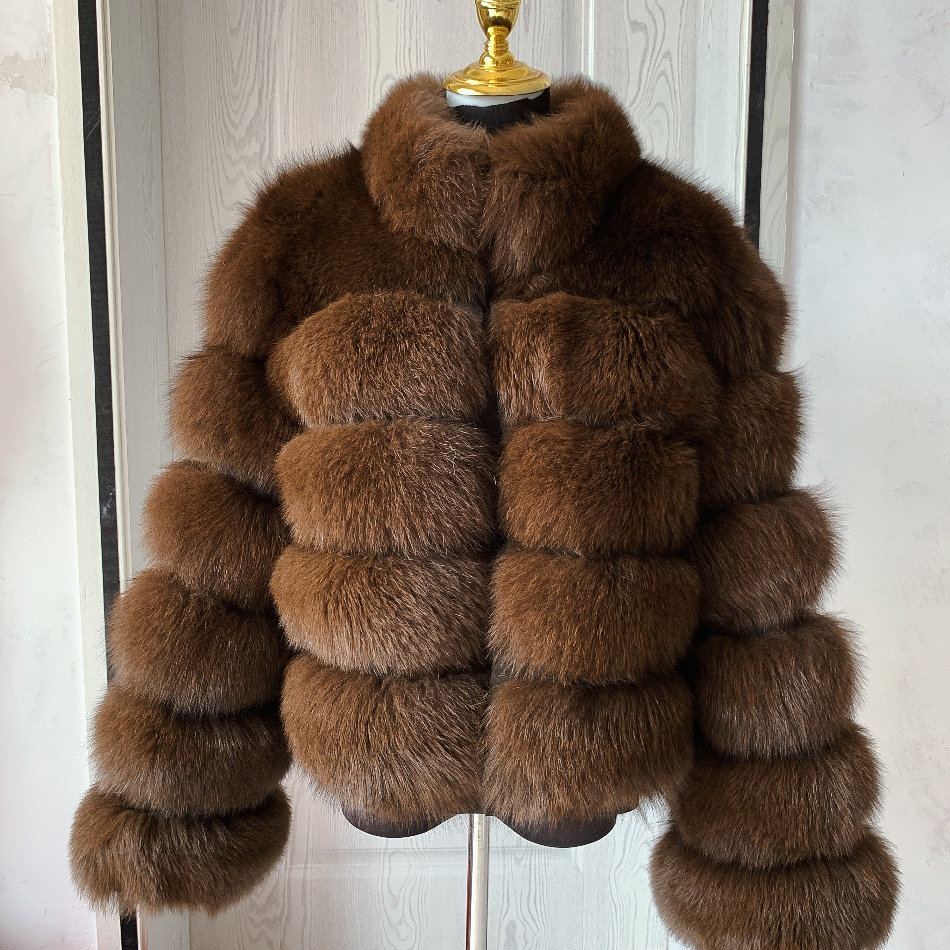 Real fox fur coat with long sleeves and stand collar fluffy women's winter fur jacket warm raccoon fur coat LHXDW