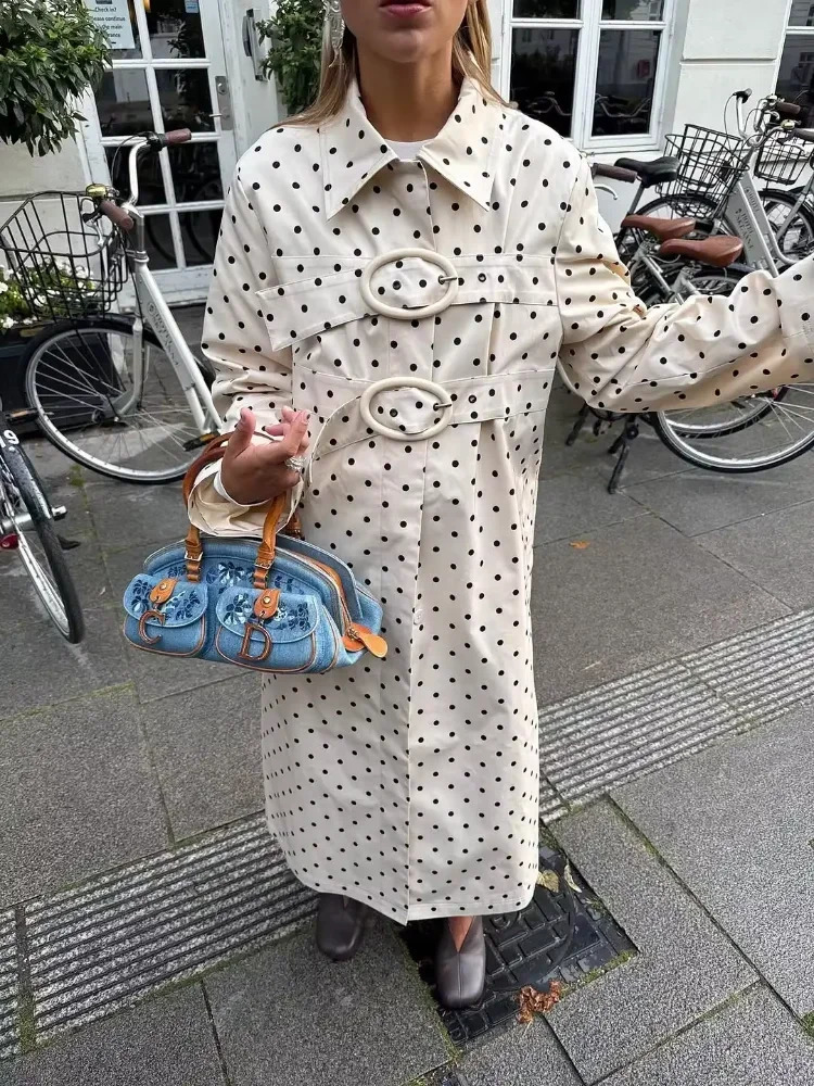 Women Polka Dot Long Trench Coat With Buckles Lapel Longsleeved Loose Fashionable Overcoat 2025 Autumn Fashion Windbreaker 250818