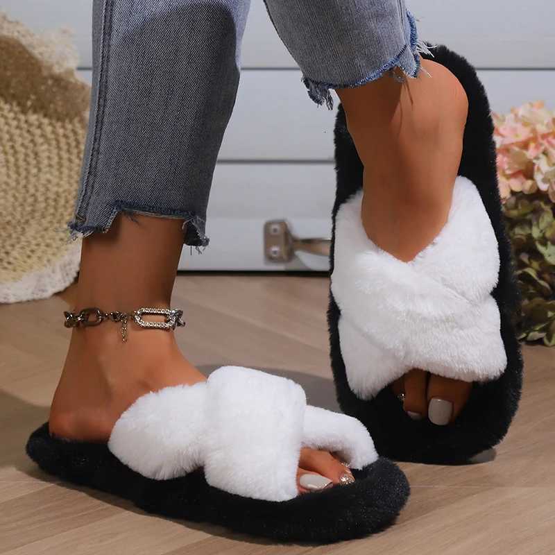 ioni Color Block Fur Fuzzy Cross Strap Open Toe Indoor Slides for Women Non Slip Warm Plush House Slippers Y250818