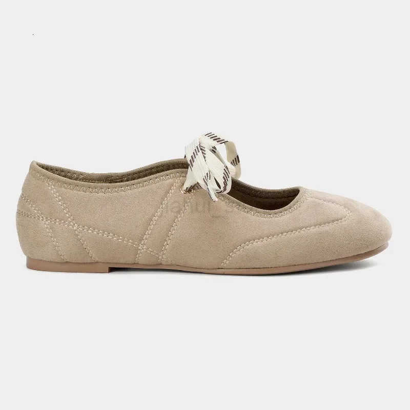Fashion Round Toe Ballet Flats Women Lace-up Faux Suede Shallow Concise Soft Sole Mary Jane Shoes Women Casual Brand Shoes M250818