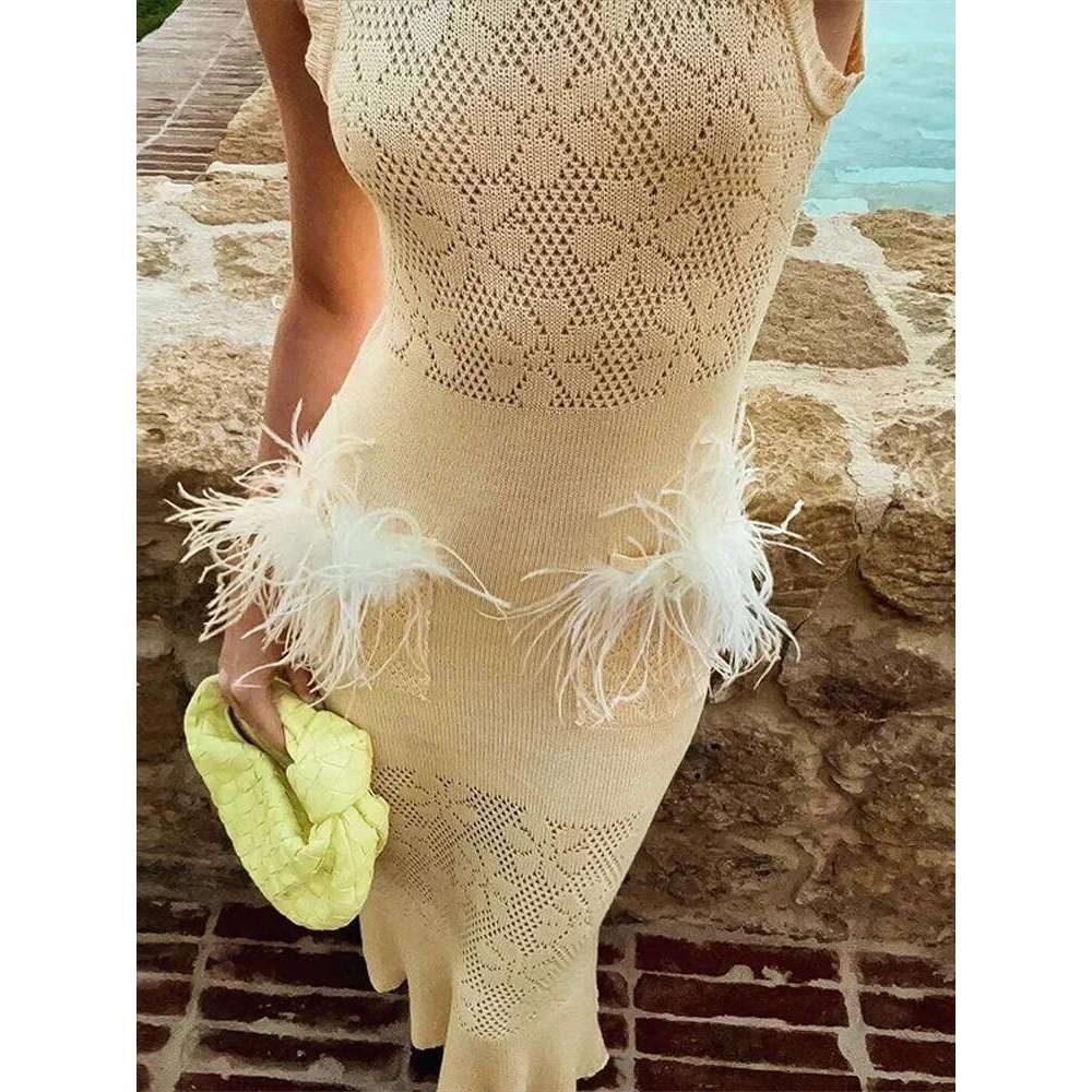 hoodie Elegant Feather Decoration Knitted Dress Woman Sleeveless Hollow Out Slim Long Dresses Versatile Fashion Women's Fishtail Robe jacket