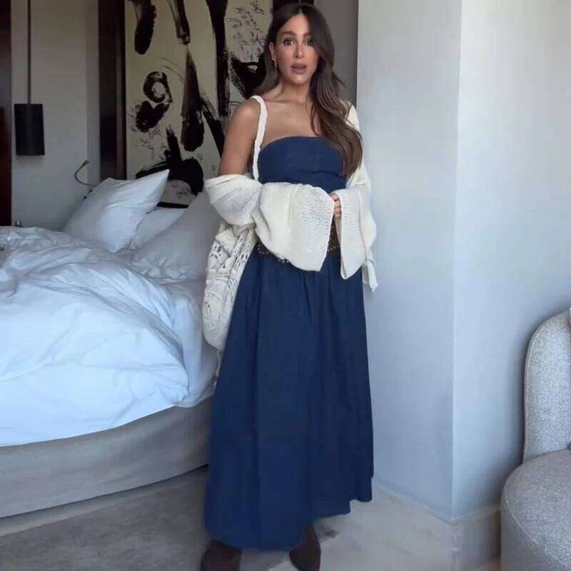 hoodie Elegant Women's Strapless Slim Fit Denim Ruffled Midi Dress Summer New Beach Party Dresses For Woman Casual Streetwear Outfits jacket
