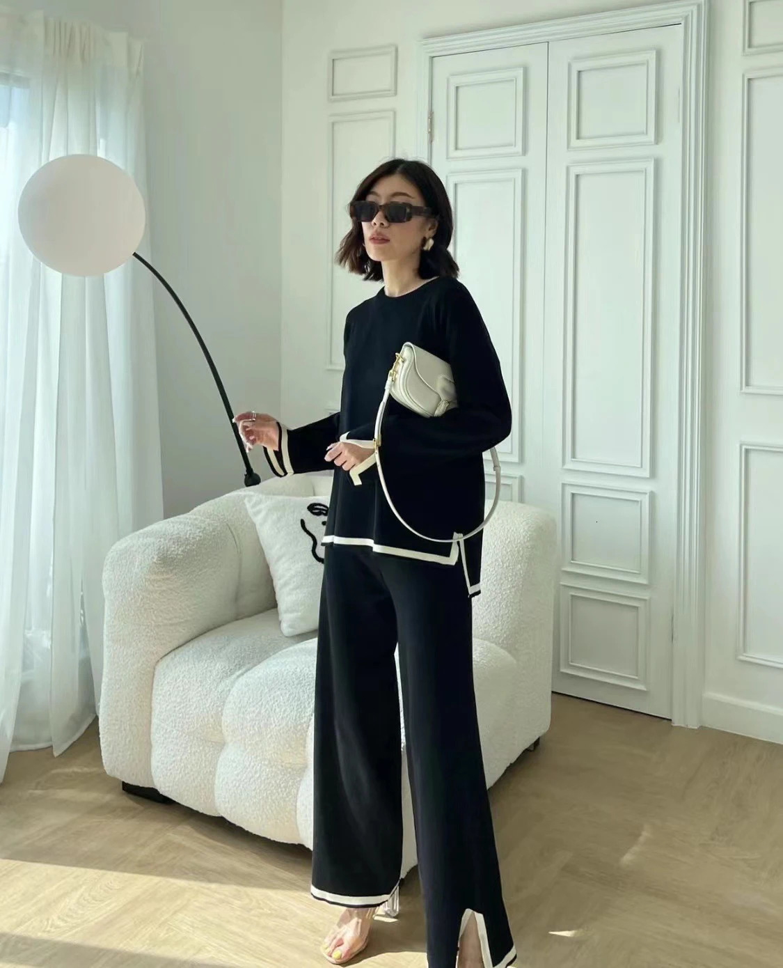 Fashion Color Matching Knitted Pant Sets Women Loose Long Sleeve Knitting Sweater Slit Wide Legs Trousers Two Piece Set Female 250818