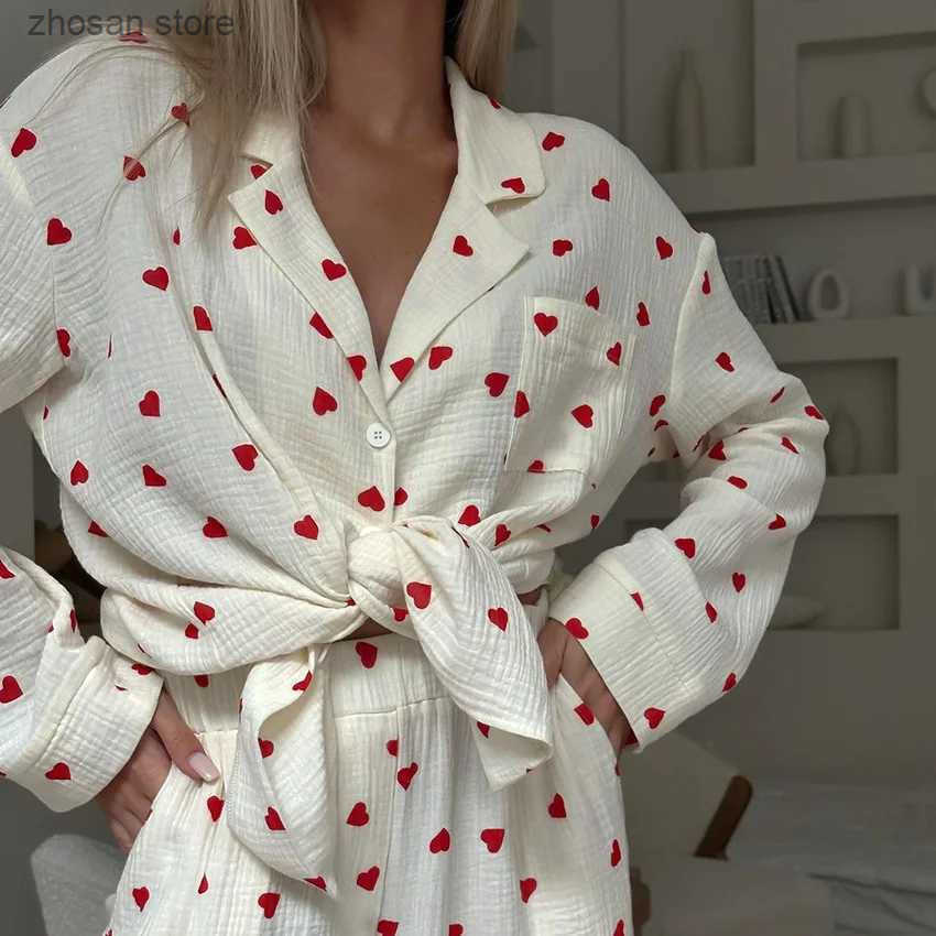 Summer New Love Heart Print Pyjama 100% Cotton Long Slve Set 2Pcs Outfit Lapel Slpwear Button Down Womens Pajamas Nightwear S250818