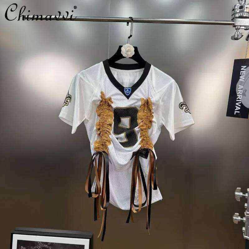 hoodie Summer Fashion V-Neck Mesh Ing Lace Drawstring Bow Short Sleeve Jersey T-Shirt For Women Cool Top Tees jacket