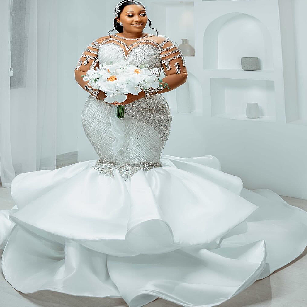 2025 Aso Ebi Plus Size Ivory Mermaid Wedding Dress Beaded Crystals Sequined Fulle Sleeves Detachable Train Bridal Gowns Dresses ZJ0688
