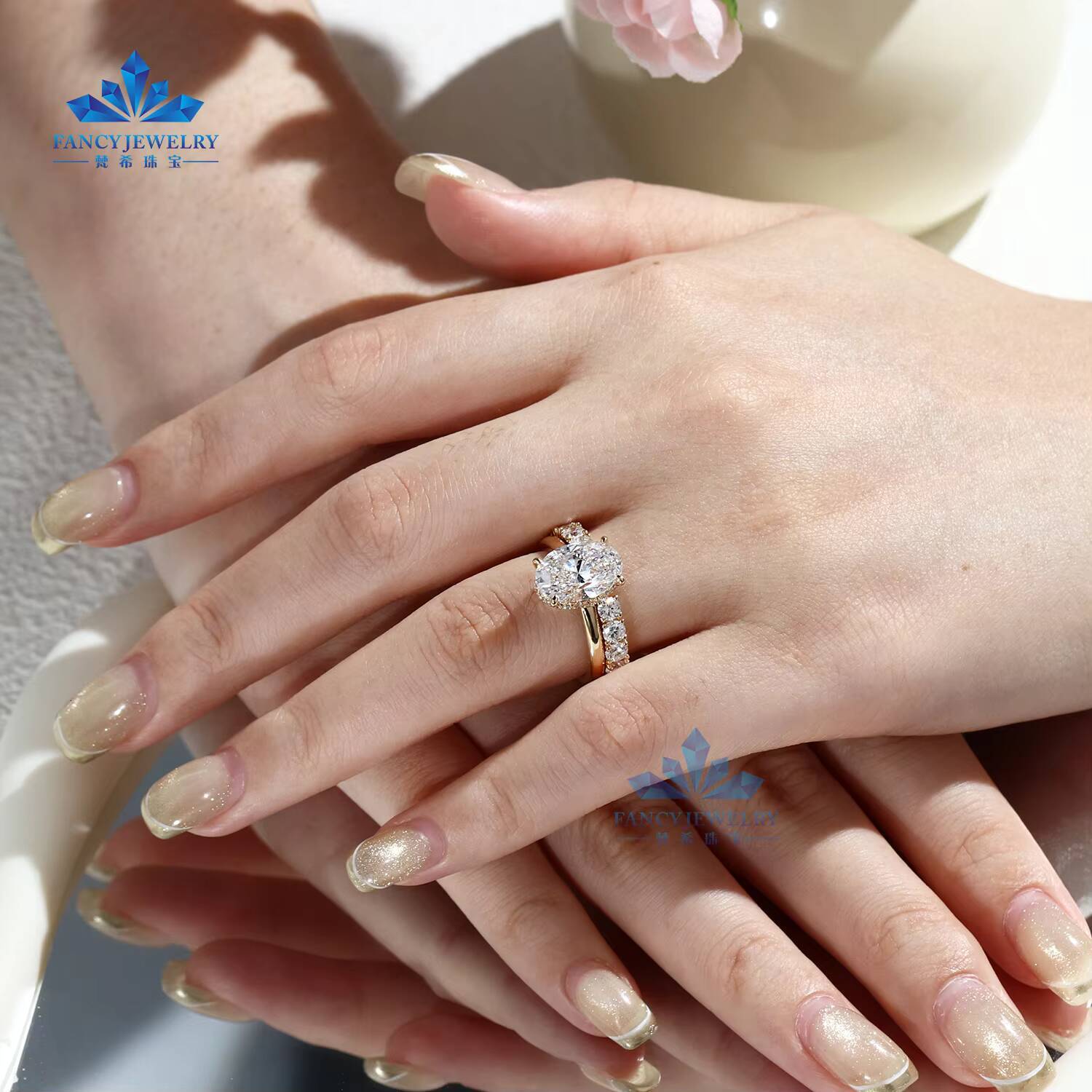 Custom Made Oval Lab Grown Diamond 4ct D Vs1 VVS 10k 14k 18k Yellow Gold Ring Set Hidden Halo Unique Engagement Ring Set