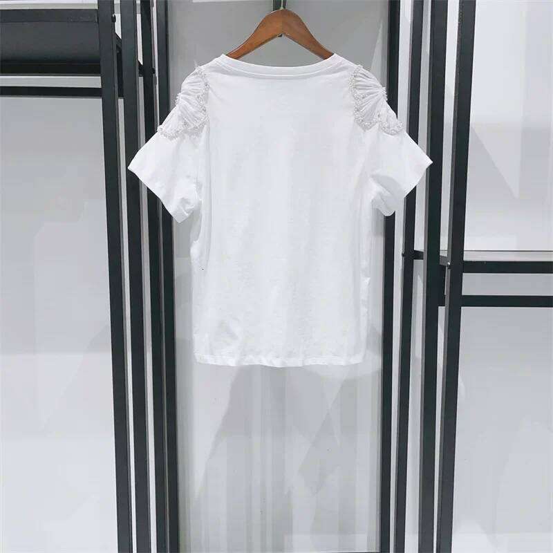 hoodie Shoulder Beading Flower Decoration Women's T- Shirts Summer Simple Lady Round Neck Short Sleeve Tee jacket