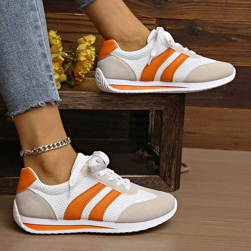 Womens Lightweight Fashion Sneakers Comfort Non Slip Casual Sports Shoes Woman Orange Striped Mesh Breathable Platform Sneakers M250818