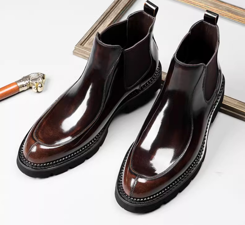 Chelsea boots men's high top leather shoes thick sole Italian handmade open-edge leather British business boots men's shiny face