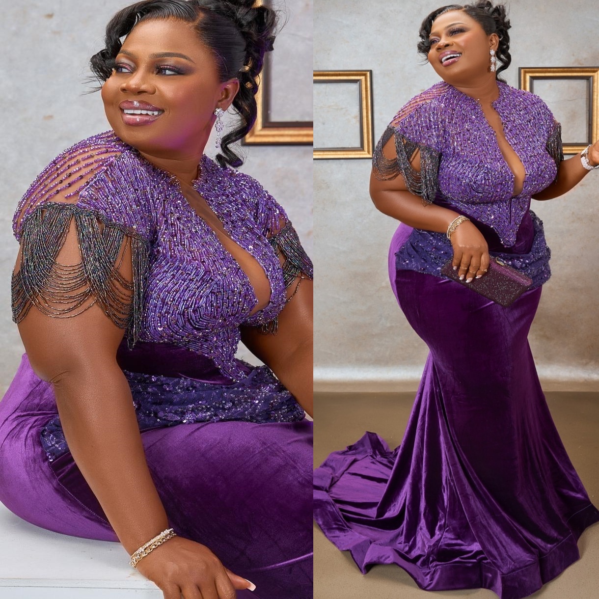 2025 Plus Size Purple Mermaid Mother Of Bride Dresses Beadings Velvet Sheer Neck Evening Party Mama's Dress Vintage 50's Birthday Wedding Gu