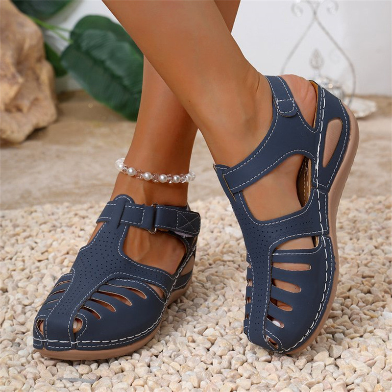 2025 New Large Size Women's Closed Toe Hollow One-Strap Wedge Roman Style Sandals for Women ddmymoon