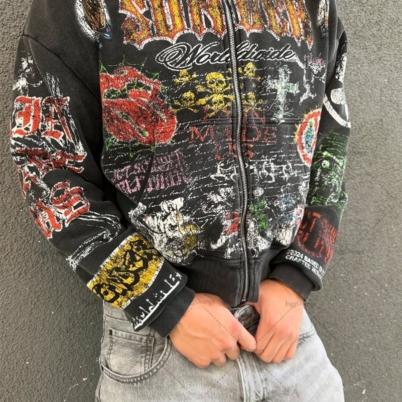 American Retro Skull Graphic Zipper Hoodie Men Gothic Punk Trendy Streetwear Jacket Hip Hop Harajuku Y2K Oversized Sweatshirt 250813