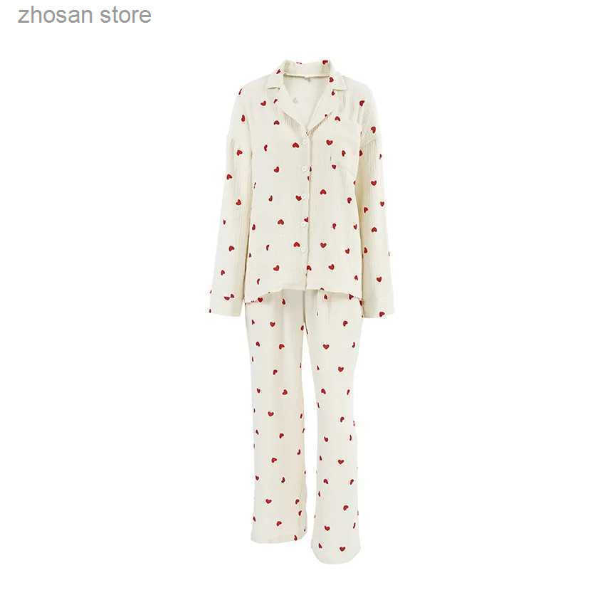 Summer New Love Heart Print Pyjama 100% Cotton Long Slve Set 2Pcs Outfit Lapel Slpwear Button Down Womens Pajamas Nightwear S250818