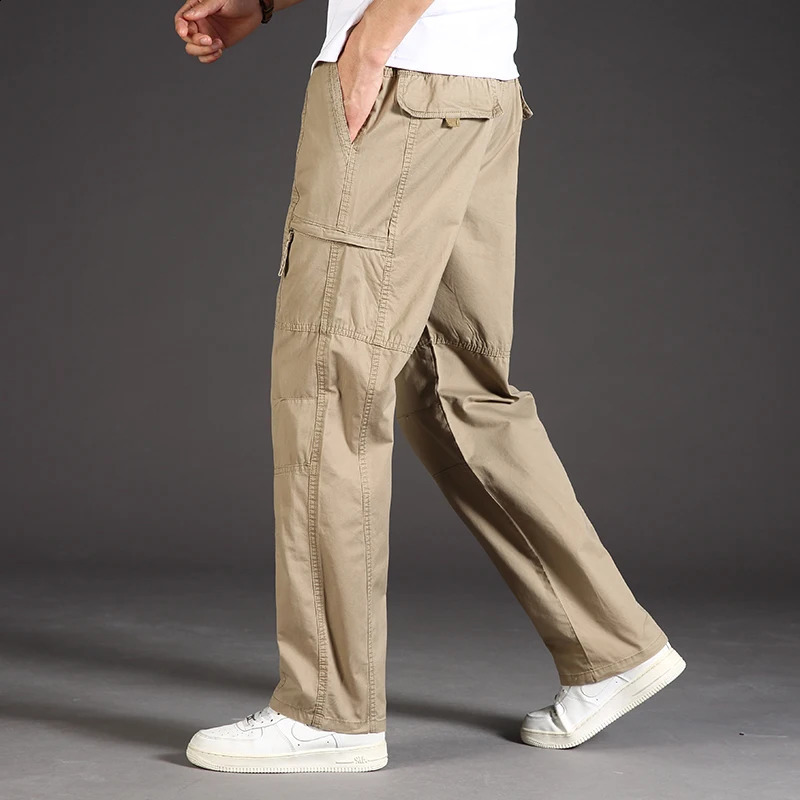 Classic Man Casual Cargo Pants Zipper Pockets Big and Tall Sports Outdoor Outfits Khaki Grey Mens Trousers 250815