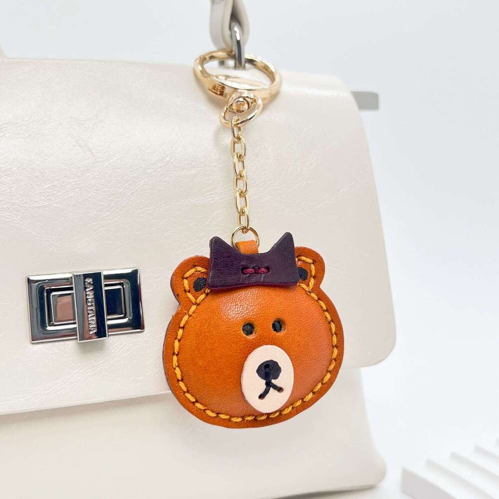 High-end Hand-sewn Cute Bear Genuine Leather Pendant Women's Bag Backpack Decoration Car Keychain Accessory