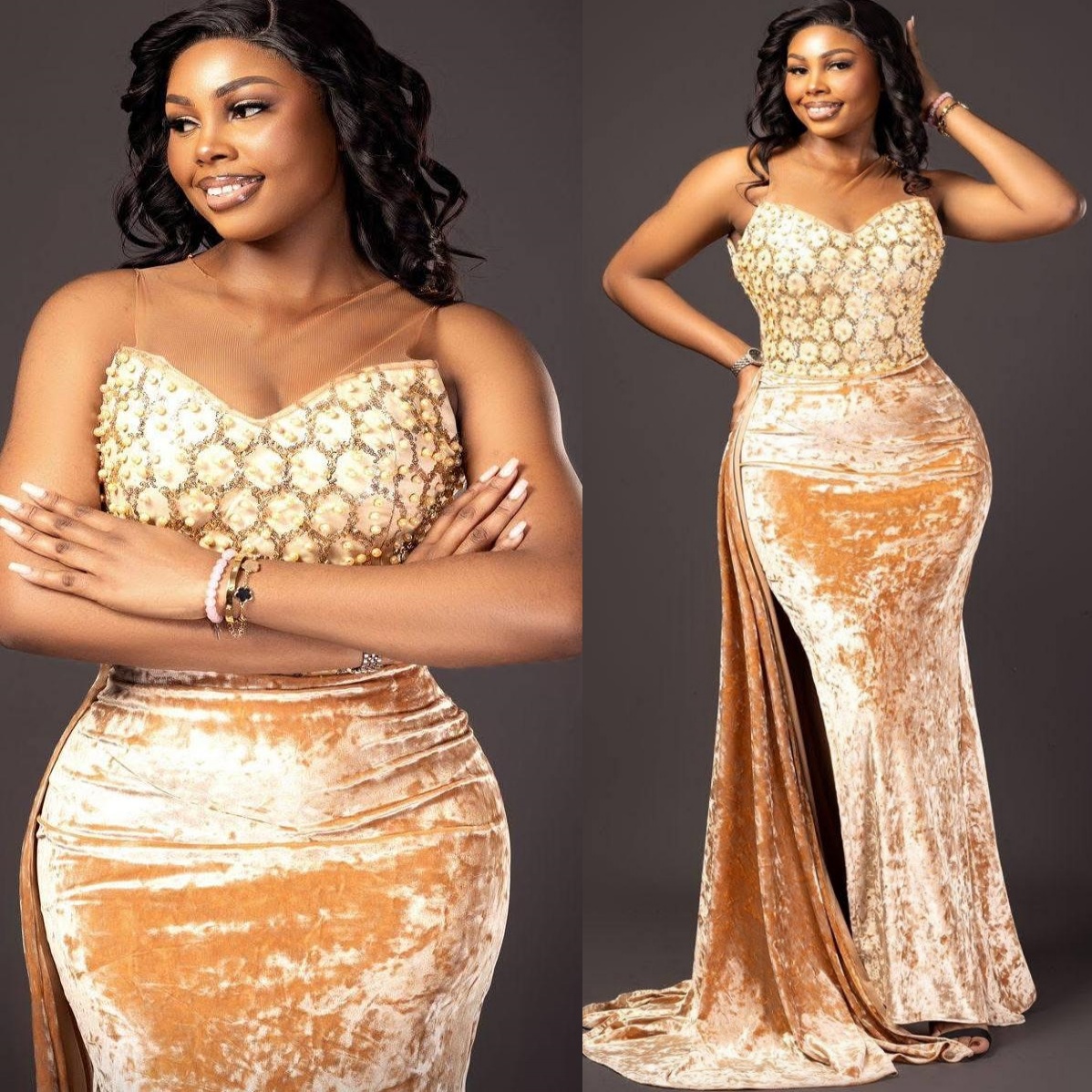 2025 Plus Size Gold Mermaid Mother Of Bride Dresses Lace Beaded Velvet Sheer Neck Evening Party Mama's Dress Vintage Birthday Wedding Guest Groom