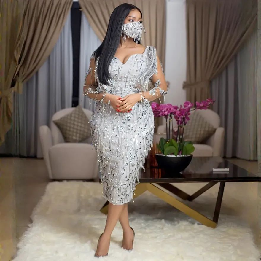 Silver Luxury Nigeria Cocktail Dresses African Arabic T Length Short Prom Dresses Long Sleeves Beading Lace Formal Dress for African Black Women