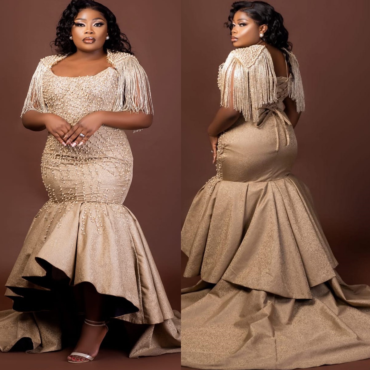 Aso Ebi Champagne Mermaid Prom Dresses 2025 Beaded Tassels Printed Evening Formal Party Second Birthday Engagement Gowns Plus Size Dress For Special O