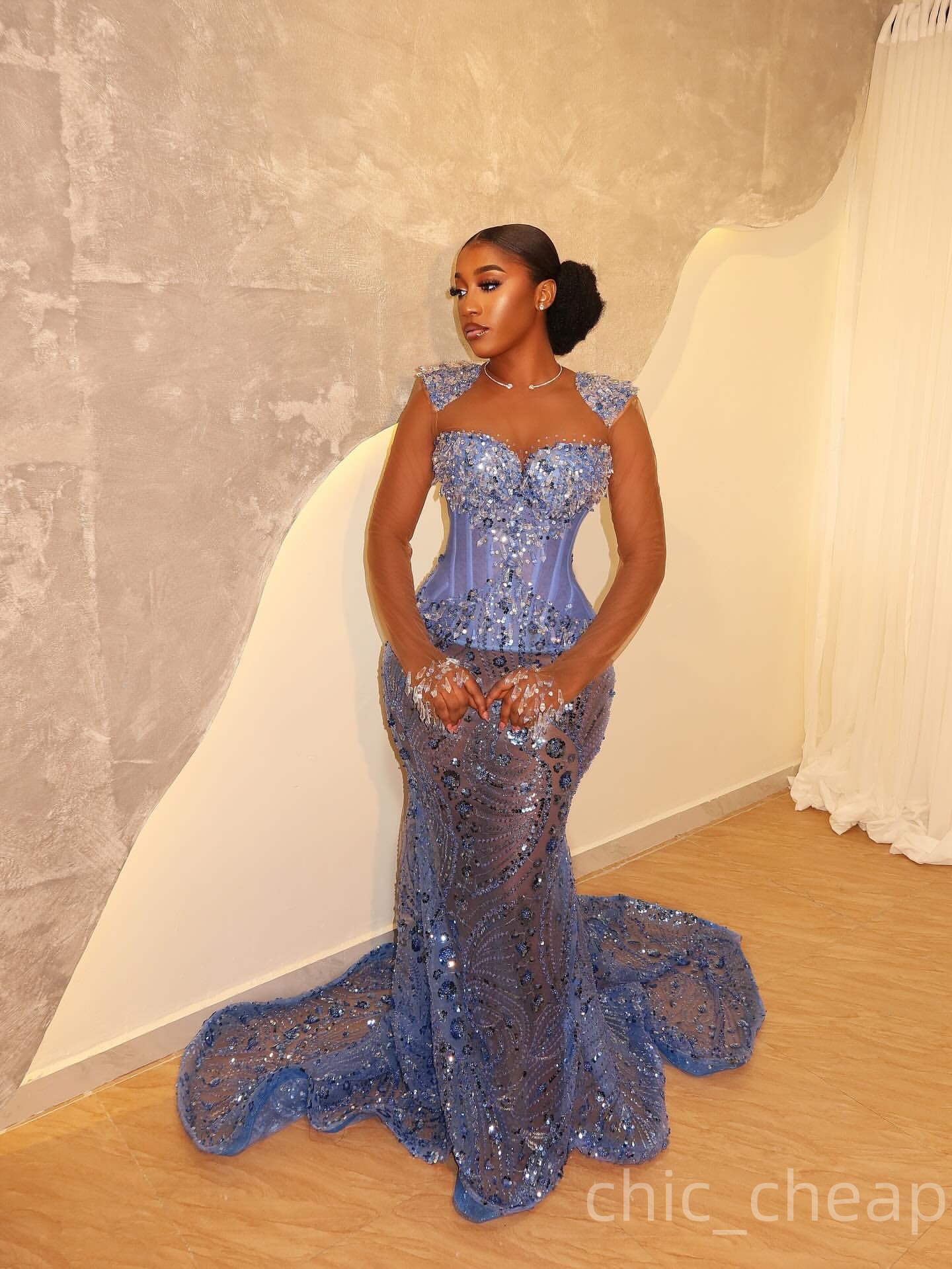 Aso Ebi Sky Blue Mermaid Prom Dresses 2025 Rhinestones Beaded Illusion Evening Formal Party Second Birthday Engagement Gowns Plus Size Dress For Speci