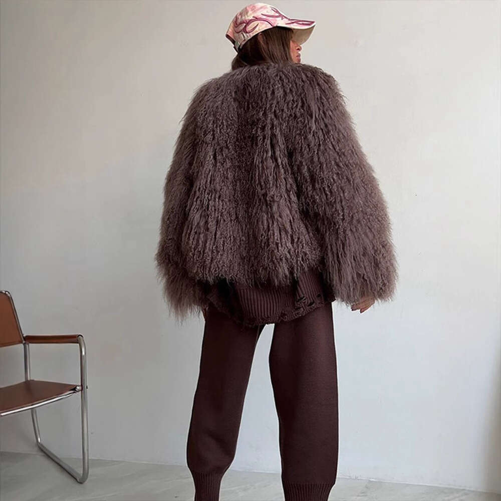 Faux Curly Fur Coat Solid Color Round Neck Loose Fashion Luxury Artificial Fur Short Overcoat Warm Furry Jacket Women's Clothing